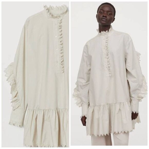 H&M Tunic Dress Ruffle Trimmed Cotton Cream New - Picture 1 of 5